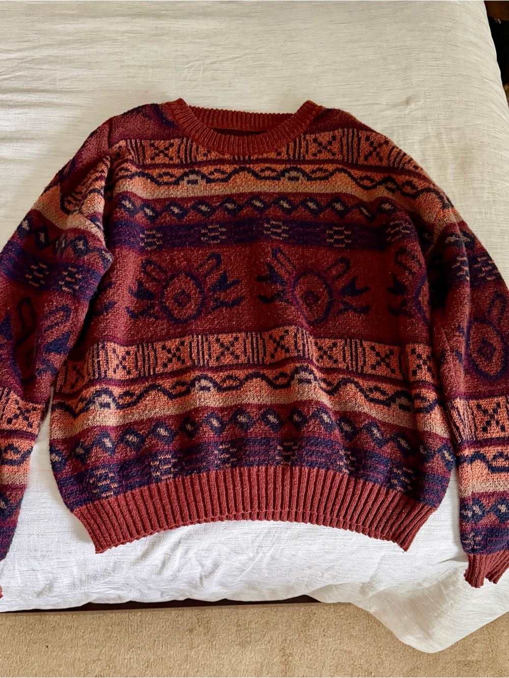 Rust Red & Navy Patterned Knit Sweater
